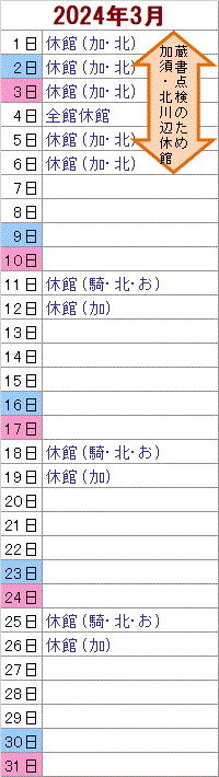3月
1日から3日は加須・北川辺がお休みです。
4日は全館がお休みです。
5日と6日は加須・北川辺がお休みです。
11日は騎西・北川辺・おおとねがお休みです。12日は加須がお休みです。
18日は騎西・北川辺・おおとねがお休みです。19日は加須がお休みです。
25日は騎西・北川辺・おおとねがお休みです。26日は加須がお休みです。